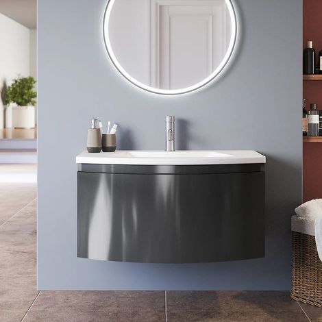 Mobile sospeso 100 cm grigio lucido con un cassetto e lavabo in ceramica frontale curvo Lula (1/5)