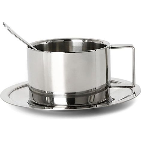 Juego de café de acero inoxidable, 192,8 g, taza de café con cuchara y platillo, apto para latte, espresso, cappuccino, leche y té (1/5)