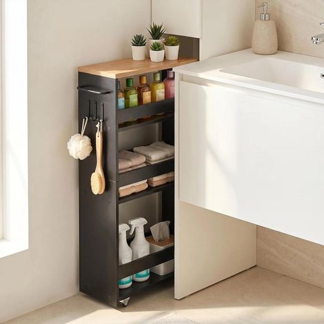 Desserte Étroite à roulettes, Desserte Cuisine, 40×20×80 cm 4 niveaux de rangement, 15 kg par niveau, avec poignée et 3 crochets pour pour Cuisine étroite Salle de Bain buanderie Bureau (1/5)