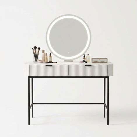 Coiffeuse Moderne avec Miroir LED et Pieds en Métal - Table de Maquillage 2 Tiroirs - Blanc - 100 x 40 x 125 cm (1/5)