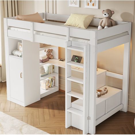 Hochbett 205x105x175 cm, mit Schreibtisch, Kleiderschrank und Regalen, Kiefernholz und MDF, weiß (1/5)
