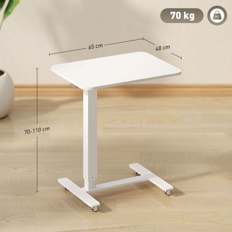 Bureau réglable en hauteur forme C, table portable compacte à roulettes, poste de travail assis-debout blanc, meuble d'appoint mobile pour étude ou salon, charge max 70 kg, 65 x 48 x 70-110 cm (1/4)