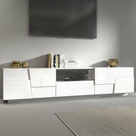 Dmora - Mueble TV Vanni, Aparador bajo de salón con 4 puertas y 1 cajón, base para mueble TV, 220x44h46 cm, Blanco brillo, con embalaje reforzado (1/5)
