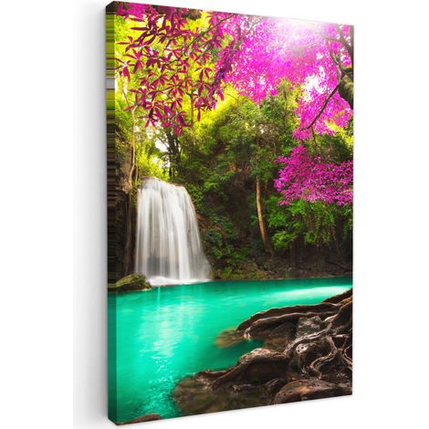 CUADRO EN LIENZO Cascada con flores y árboles de colores - Naturaleza - Selva Pinturas 40x60 cm