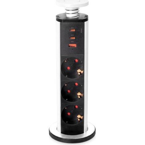 emuca multiconector extraíble vertikal, 3 enchufes tipo schuko, 1 usb tipo a, 2 usb tipo c, plástico y aluminio, pintado blanco