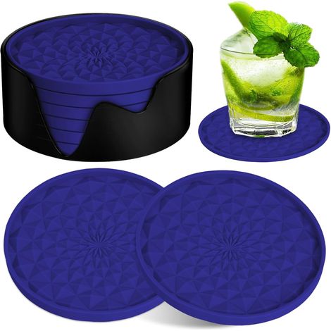 Lot de 6 sous-Verres en Silicone avec Base, Design Épais (7 mm), Plateau Profond, Antidérapants, pour Boissons Chaudes ou Froides, Bleu foncé (1/5)