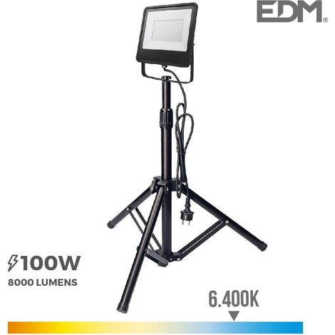EDM – Projecteur LED sur trépied noir 100W 6400K – Luminosité 8000 lumens – Résistant à l'eau IP65 – Aluminium durable – Éclairage extérieur et intérieur (1/5)