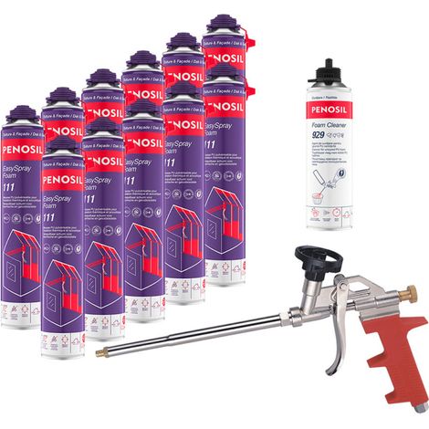 PENOSIL Pack de 11 Mousses PU Pulvérisables EasySpray Foam 111 700ml + Nettoyant FoamCleaner 929 500ml Penosil + Pistolet