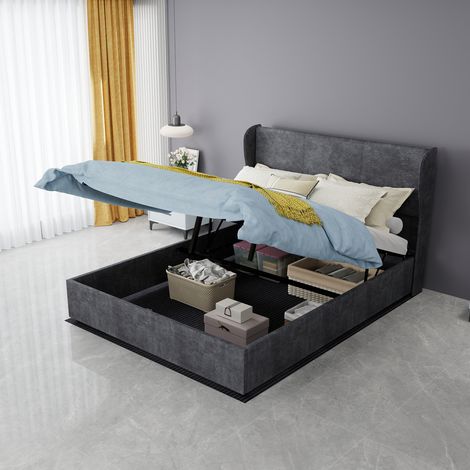 Lit rembourré moderne et minimaliste avec tête de lit douce et confortable, 140x200 cm, gris, meuble de chambre multifonctionnel, sommier coffre haut avec mécanisme de levage à gaz, matelas non inclus (1/5)