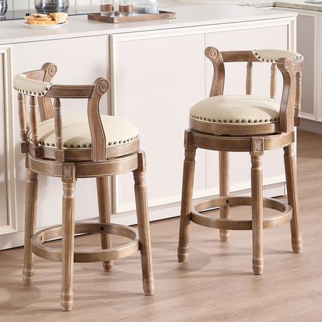 Tabouret de bar pivotants 360°, dossier ergonomique, H 66 cm, cuir véritable et bois clair, blanc (1/5)