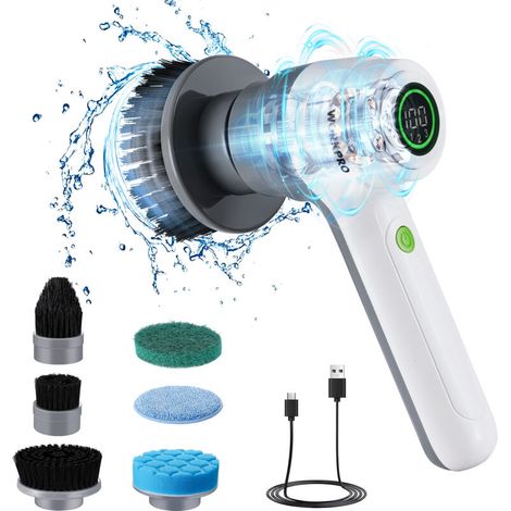 Brosse de nettoyage rotative sans fil Workpro – 8 V – 6 têtes de brosse interchangeables – 3 vitesses 200/350/500 tr/min – Étanchéité IPX6 pour salles de bains et cuisines (1/5)