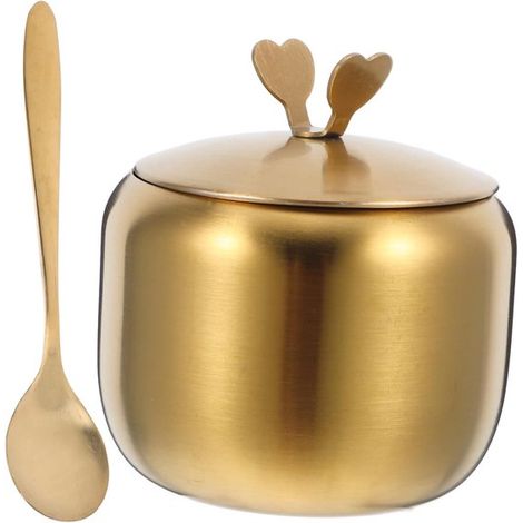 Zuccheriera e contenitore per spezie in acciaio inox, dispenser per spezie con cucchiaio e coperchio, zuccheriera e vassoio per lo zucchero in un unico set dorato (1/5)