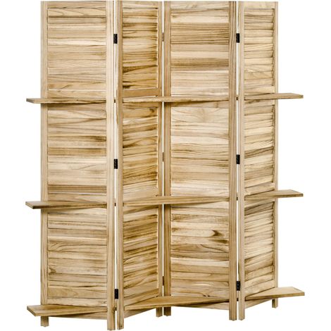 Paravent pliant à 4 panneaux avec étagères, en bois de paulownia, 162 x 170 cm, bois (1/5)
