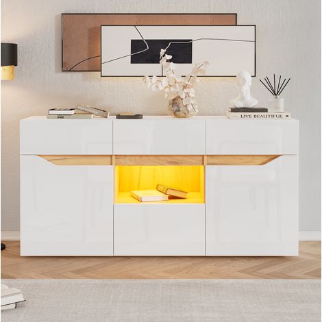 Aparador 140x40x70 cm blanco y madera de partículas con LED, 4 cajones y 2 puertas (1/5)
