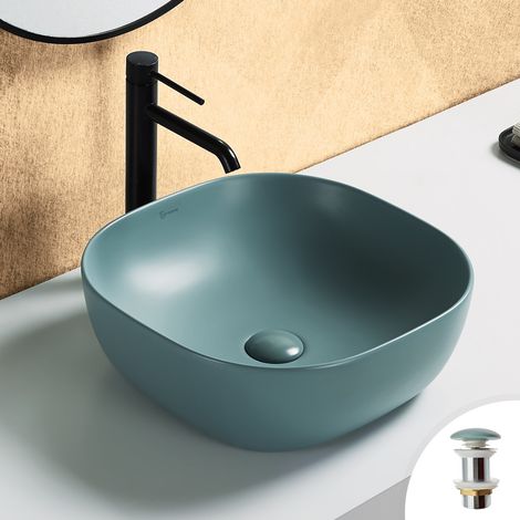 Vasque à poser carrée 41x41cm en céramique vert d'eau mat + bonde pop-up incluse collection ALTANE (1/5)