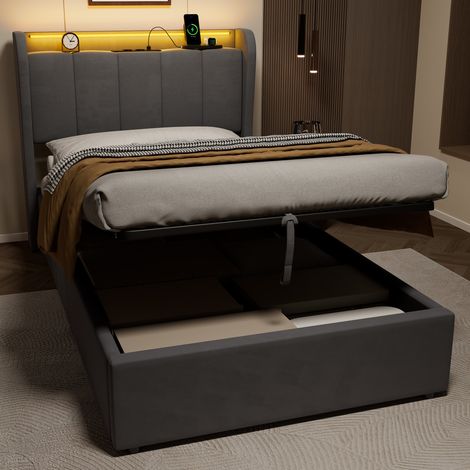 Letto imbottito 90 x 200 cm con illuminazione LED e prese di ricarica, spazio di stoccaggio per una conservazione pratica (1/5)