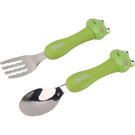 Fourchette de dessin animé cuillère en acier inoxydable, cuillères d'entraînement à l'alimentation des bébés, fourchettes portables pour enfants, vaisselle d'animaux pour enfants grenouille (1/5)