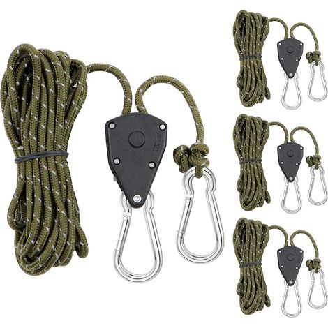 4 Pcs Sangle a Cliquet, 4m4mm Corde a Cliquet Réfléchissante, Cordon de Tente Réglable avec Poulies pour Auvents et Tentes (Vert Grisâtre) (1/5)