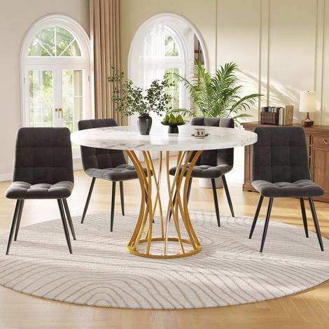Ensemble table à manger ronde 5 pièces 80 cm diamètre pieds métal doré plateau marbre blanc,chaises velours gris.