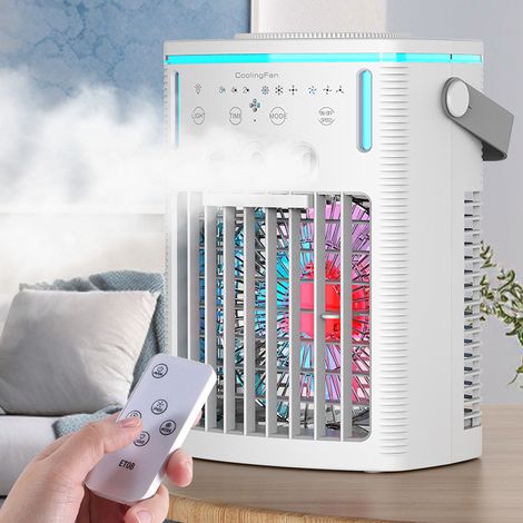 Climatiseurs portables, petit ventilateur personnel 4 en 1 avec réservoir d'eau de 1 000 ml, minuterie, 3 brumisateurs, 7 veilleuses, chargement USB.