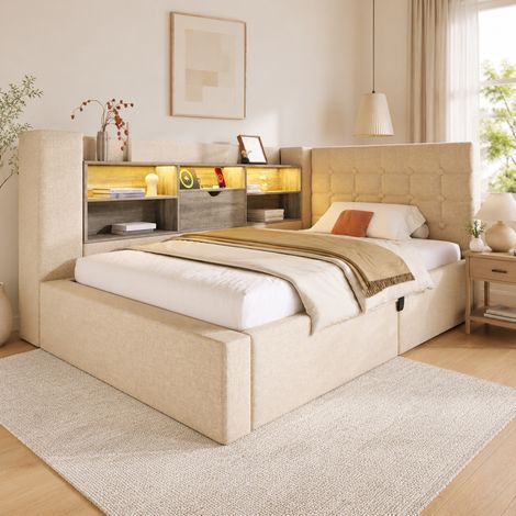 Letto 90x190 cm in lino beige con LED e contenitore, senza materasso - MEUBLIV (1/5)