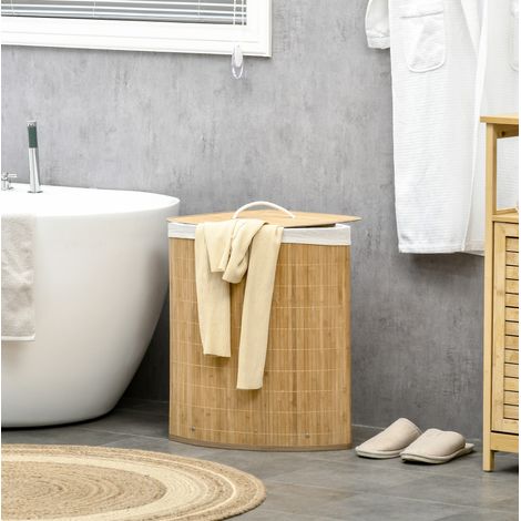 Cesto de ropa de bambú para esquina 55 L con tapa y bolsa extraíble 38 x 38 x 57 cm natural y blanco (1/5)