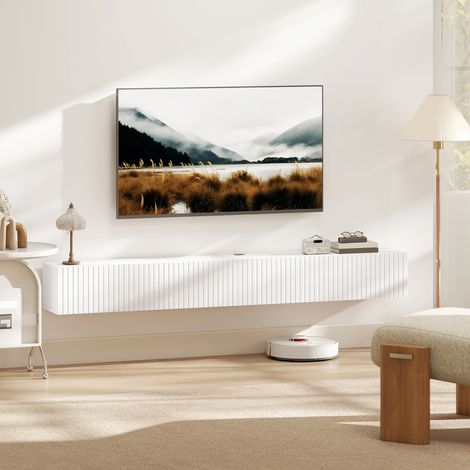 Meuble TV suspendu 180cm, meuble télé pour téléviseur 72 pouces, 2 portes rabattables, 180x25x22cm, blanc (1/5)