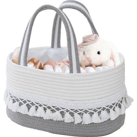 [Wickelkorb] [Handgefertigt] Baby-Aufbewahrungskorb mit herausnehmbarem Netz, Aufbewahrungsmöglichkeiten für Spielzeug und Zubehör, tragbar mit Fransen, 36x22x18cm elliptisches Modell aus hellgrauem o (1/5)