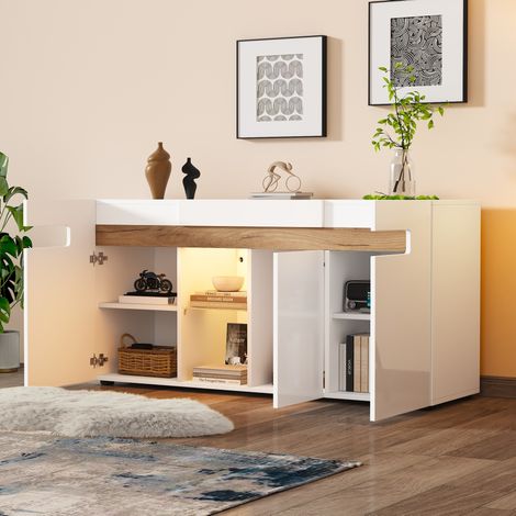 Buffet 140x40x70 cm blanc et naturel en panneaux de particules avec LED réglable et portes brillantes (1/5)