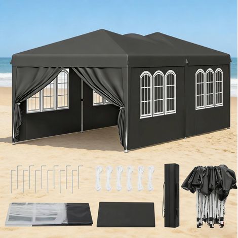 Gazebo pieghevole 3x6 m con pareti laterali, impermeabile e regolabile in altezza, grigio (1/5)
