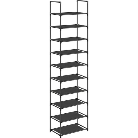 Zapatero de 10 niveles, estrecho, 28 x 45 x 173 cm, estructura metálica, estantes de tela no tejida, para entrada o dormitorio, negro