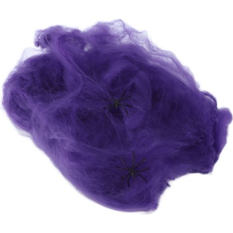 Lot de 5 toiles d'araignée violettes, très réalistes et modulables, pour décoration d'Halloween intérieure et extérieure. (1/5)