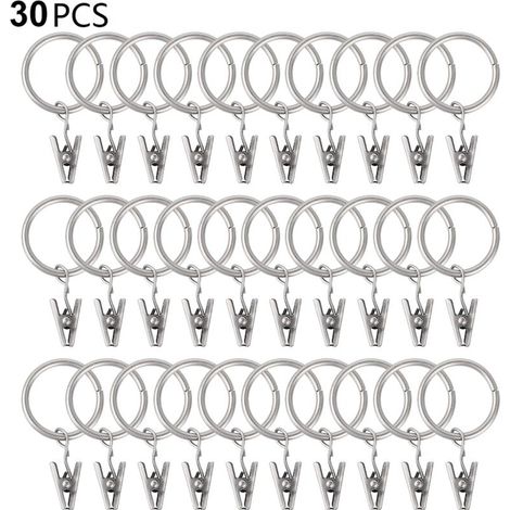 30 PCS curtain rings with clips, sturdy drapery clips, hooks on tension rod bracket, inner diameter metal eyelets, decorative curtain hangers, silver (1/5)