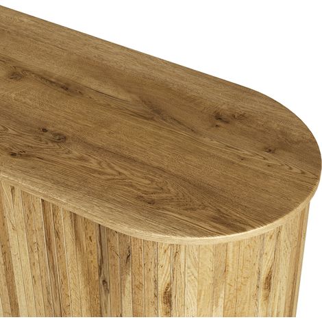 Buffet avec veinage vertical, deux portes coulissantes, deux tiroirs, pieds en bois massif et coin arrondi pour le salon. (1/5)