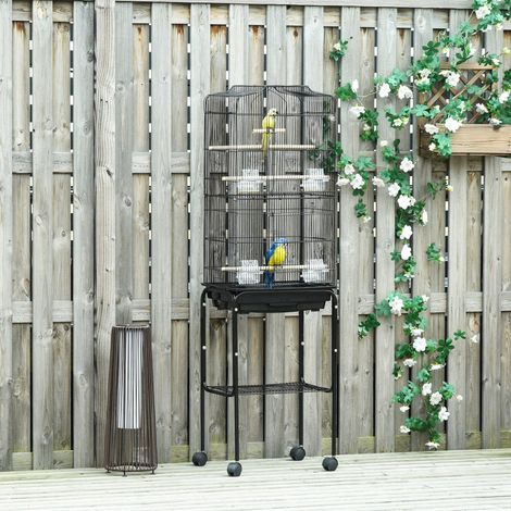 Gabbia per uccelli PawHut con supporto, gabbia in metallo con ruote, vassoio e ripiano rimovibili, 46,5x36x157 cm, nera