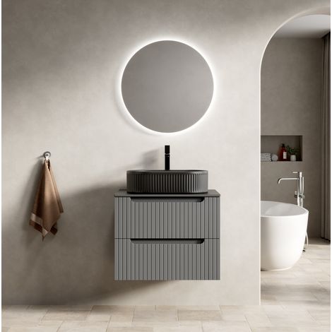 Mueble de lavabo suspendido 60 cm de cerámica y piedra sinterizada, gris oscuro con lavabo negro y 2 cajones (1/5)