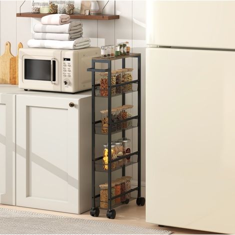 Carro auxiliar de cocina (50x20x18 cm), estrecho, con 5 niveles, ruedas y asa, metal y madera, negro (1/5)