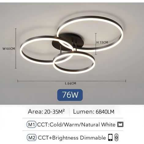 Plafonnier noir 3 cercles – LED dimmable – Télécommande – Salle à manger contemporaine
