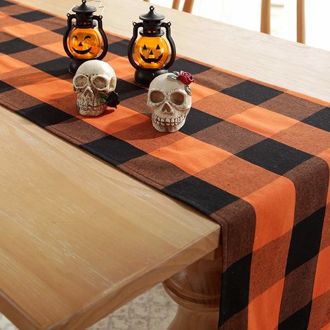 Tischläufer mit orange-schwarzem Karomuster für Halloween, karierte Tischdecke für Partys, Festtagsdekoration, direkt vom Hersteller (1/4)