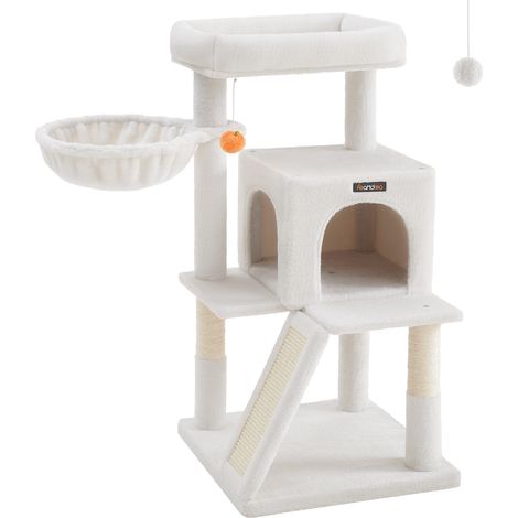 Feandrea – Arbre à chat 96 cm avec grande plate-forme – Panneaux d’aggloméré et tissu peluche – Niche à 2 portes et planche à griffer – Pour jusqu'à 3 chats