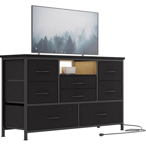 Commode 8 Tiroirs avec Prises & LED RGB pour TV 55", Meuble TV/Buffet d'Entrée, 120cm, Noir
