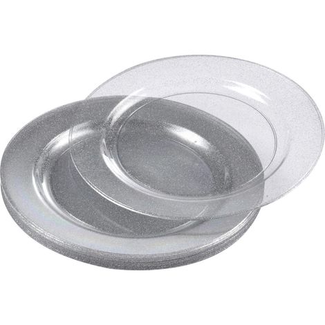Set de 6 Assiettes en Plastique Réutilisable 18 cm Paillete Argent (1/2)
