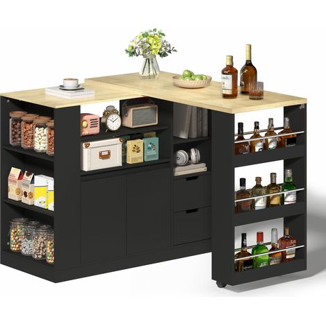 Îlot de cuisine avec plan de travail extensible, îlot de rangement avec étagères sur trois côtés (1/5)