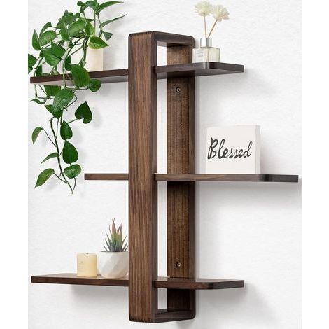 Etagere Murale en Bois, Coloris Noyer, Grande Étagère Flottante à 3 Niveaux, Étagère Murale Décorative en Bois Massif avec Tablettes Amovibles, 50x58 cm, pour Salon et Chambre (1/5)