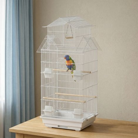 Vogelkäfig aus Stahl mit Futtertrögen, Sitzstangen, Schaukel und herausnehmbarer Schale, 50,5 x 41 x 104 cm, Weiß