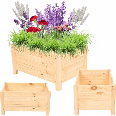 MODO24 Jardinière sur pieds bois pin, bac à fleurs jardin/balcon/terrasse, pour fleurs & herbes, 31x60x40 cm, naturel (brut)