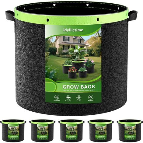 Sacs à Plantes Lot de 6 2MM 400G Pots en Tissu Non Tissé épais et Résistants Jardin Plante Tissu (Noir, 37L) (1/5)
