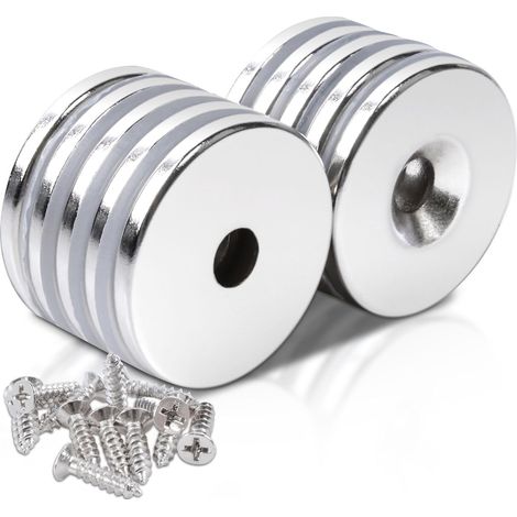 Lot de 10 aimants en néodyme - Avec trou - 25 x 3 mm - Ouverture de 5 mm - Petit aimant puissant - Plat - À visser - Pour armoires de cuisine, portes d'armoires (1/5)