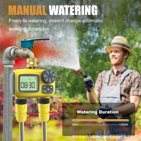 Programmateur d'arrosage à 2 sorties indépendantes, entrée en laiton pivotant étanche IP55, minuterie d'irrigation automatique pour jardin pelouse plantes (1/5)