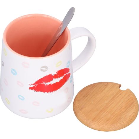 Tasse en Céramique 450ml avec Couvercle en Bois et Cuillère, Design Mignon Rose pour Café ou Thé, Idéale pour un Usage Quotidien (1/5)